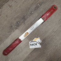 Shedding Blade, leather handles *fair, broken/cut end, mnr dirt, clean, older, sticker, cracked edges, sharp end

