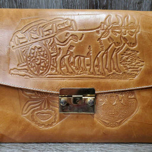 "Costa Rica" Stamped Leather Purse, strap *vgc, clean, mnr scratches & scrapes, lining crinkles & stain