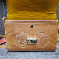 "Costa Rica" Stamped Leather Purse, strap *vgc, clean, mnr scratches & scrapes, lining crinkles & stain
