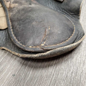 Closed Leather Brushing Boots, buckles *fair/gc, older, stains, v.curled edges, dry, stiff, clean