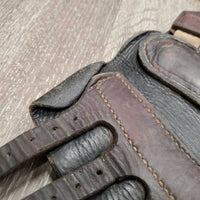Closed Leather Brushing Boots, buckles *fair/gc, older, stains, v.curled edges, dry, stiff, clean