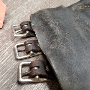 Closed Leather Brushing Boots, buckles *fair/gc, older, stains, v.curled edges, dry, stiff, clean