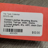 Closed Leather Brushing Boots, buckles *fair/gc, older, stains, v.curled edges, dry, stiff, clean

