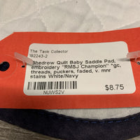 Quilt Baby Saddle Pad, embroidery "RMSJ Champion" *gc, threads, puckers, faded, v. mnr stains
