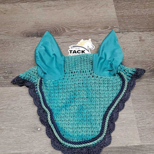 Crochet Ear Bonnet Fly Veil, 2x piping *gc, faded, stained/discolored, dirty, curled edges