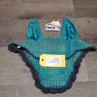 Crochet Ear Bonnet Fly Veil, 2x piping *gc, faded, stained/discolored, dirty, curled edges
