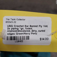Crochet Ear Bonnet Fly Veil, 2x piping *gc, faded, stained/discolored, dirty, curled edges
