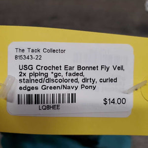 Crochet Ear Bonnet Fly Veil, 2x piping *gc, faded, stained/discolored, dirty, curled edges