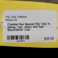 Crochet Ear Bonnet Fly Veil, 1x piping *vgc, clean, mnr hair
