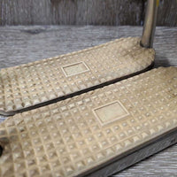 Fine Narrow Stirrup Irons, grips *gc/fair, clean, scuffs, scratches, rust, dents, discolored grips
