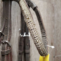Monocrown Dressage Bridle, Bling Browband, crank *gc, NO Flash, missing bling, clean & dirty, loose keepers, creases