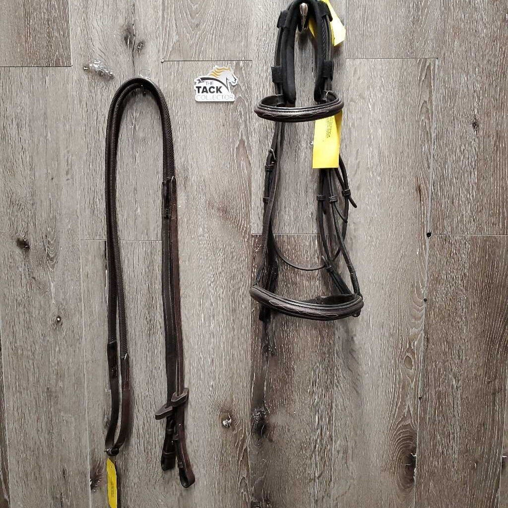 FS/Rsd Padded Bridle, Rsd/FS Rubber Reins, 'Benefab' Crown Attachment *gc, mismatched, clean, creases, Reins: rubs, cracks, loose hooks