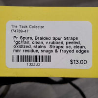 Pr Spurs, Braided Spur Straps *gc/fair, clean, v.rubbed, peeled, oxidized, stains Straps: xc, clean, mnr residue, snags & frayed edges
