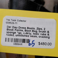 Dress Boots, Zips, 2 Black Forms, Boot Bag, brush & sponge *gc, v.dirty, toes: rubs & faded, unstitched seam, cracking elatics
