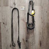 Rsd/Padded Monocrown Dressage Bridle, Thick Plain Reins, Bling Browband, Crank *gc, mnr dirt, rubs & dents, NO Flash, shortened/chicago screws, trimmed end
