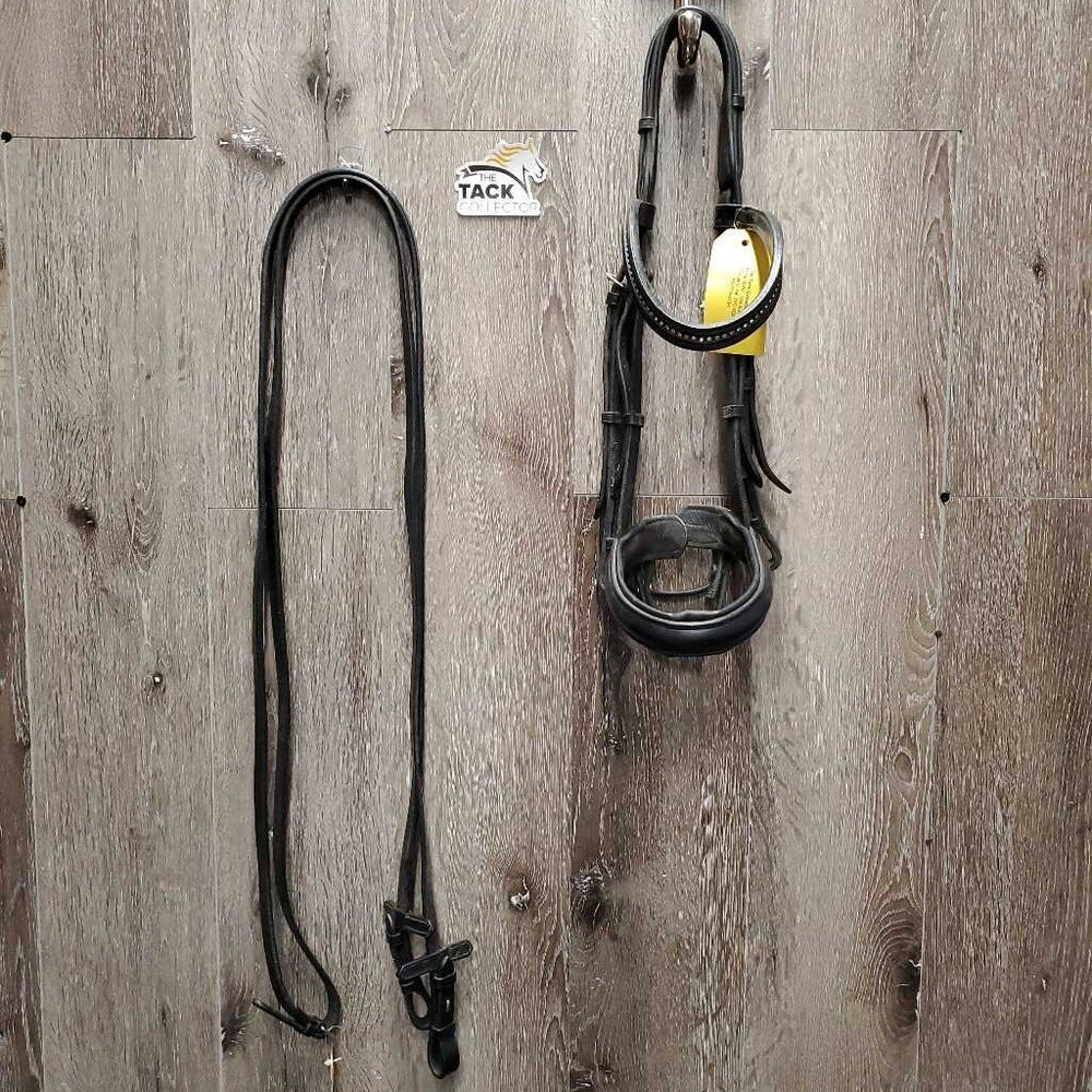 Rsd/Padded Monocrown Dressage Bridle, Thick Plain Reins, Bling Browband, Crank *gc, mnr dirt, rubs & dents, NO Flash, shortened/chicago screws, trimmed end