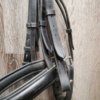 Rsd/Padded Monocrown Dressage Bridle, Thick Plain Reins, Bling Browband, Crank *gc, mnr dirt, rubs & dents, NO Flash, shortened/chicago screws, trimmed end
