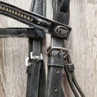 Rsd/Padded Monocrown Dressage Bridle, Thick Plain Reins, Bling Browband, Crank *gc, mnr dirt, rubs & dents, NO Flash, shortened/chicago screws, trimmed end
