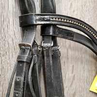 Rsd/Padded Monocrown Dressage Bridle, Thick Plain Reins, Bling Browband, Crank *gc, mnr dirt, rubs & dents, NO Flash, shortened/chicago screws, trimmed end
