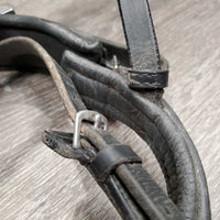Thick Rsd/Padded Dressage Crank Monocrown Noseband, Flash *gc, dirty, rubs, scraped edges, missing Flash Keeper, dented edges
