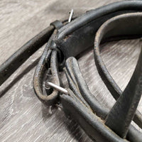 Thick Rsd/Padded Dressage Crank Monocrown Noseband, Flash *gc, dirty, rubs, scraped edges, missing Flash Keeper, dented edges
