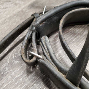 Thick Rsd/Padded Dressage Crank Monocrown Noseband, Flash *gc, dirty, rubs, scraped edges, missing Flash Keeper, dented edges