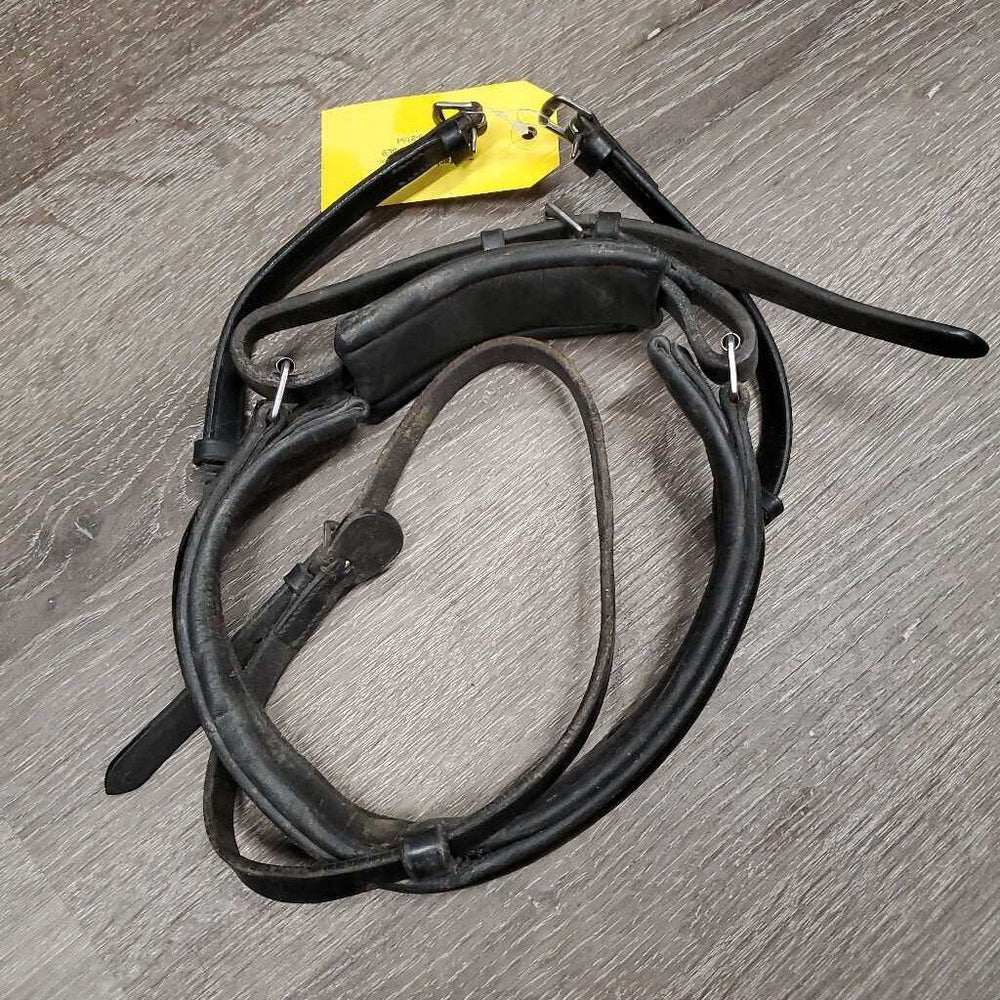 Thick Rsd/Padded Dressage Crank Monocrown Noseband, Flash *gc, dirty, rubs, scraped edges, missing Flash Keeper, dented edges