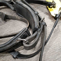 Thick Rsd/Padded Dressage Crank Monocrown Noseband, Flash *gc, dirty, rubs, scraped edges, missing Flash Keeper, dented edges
