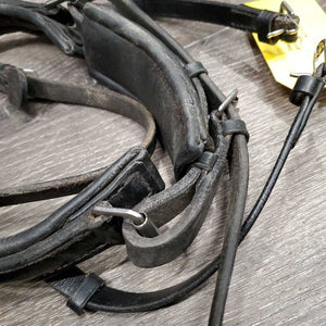 Thick Rsd/Padded Dressage Crank Monocrown Noseband, Flash *gc, dirty, rubs, scraped edges, missing Flash Keeper, dented edges