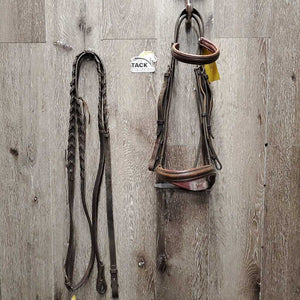 Rsd Padded Bridle, Braided Reins *gc/fair, dirt, discolored, cut end, dry, older, browband ends: unstitched, curled & hard, broken laces