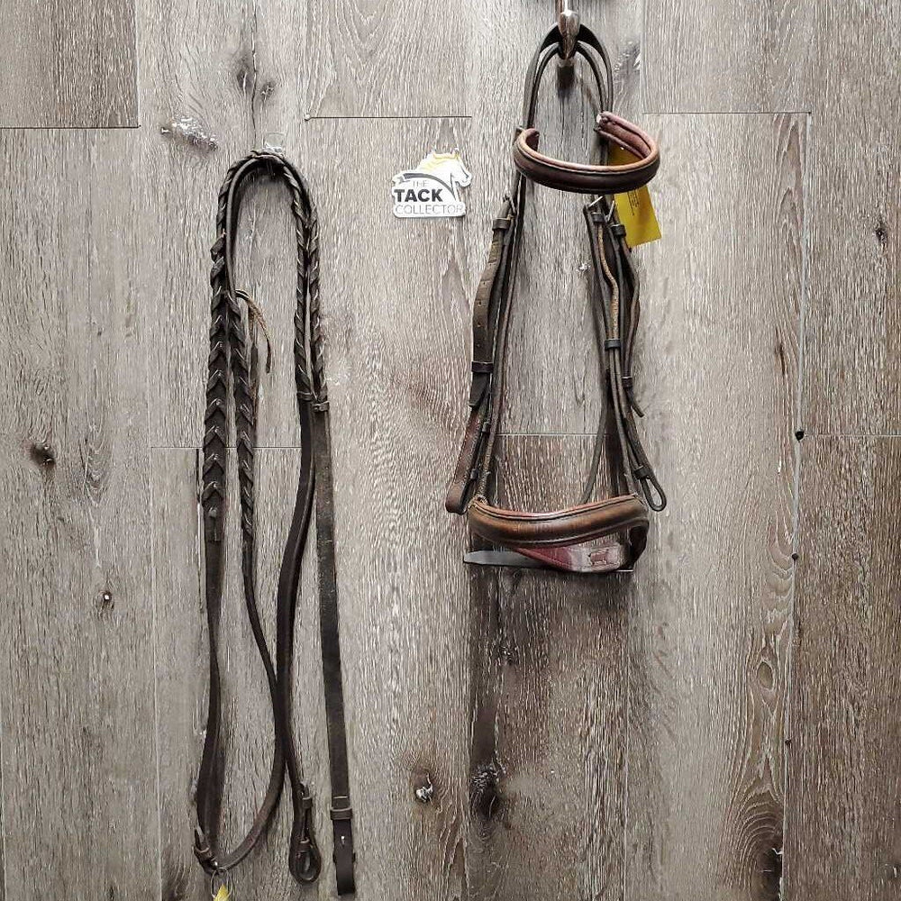Rsd Padded Bridle, Braided Reins *gc/fair, dirt, discolored, cut end, dry, older, browband ends: unstitched, curled & hard, broken laces