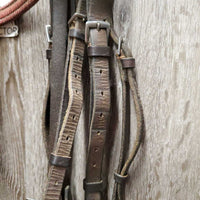 Rsd Padded Bridle, Braided Reins *gc/fair, dirt, discolored, cut end, dry, older, browband ends: unstitched, curled & hard, broken laces
