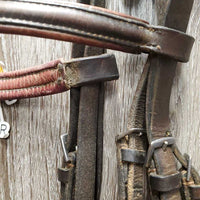 Rsd Padded Bridle, Braided Reins *gc/fair, dirt, discolored, cut end, dry, older, browband ends: unstitched, curled & hard, broken laces
