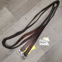 Pr Stirrup Leathers *fair/gc, clean, stains, v.rubbed, dented & creased, xholes, thin spots, bent, dry, stiff, older, uneven, Light CRACKING
