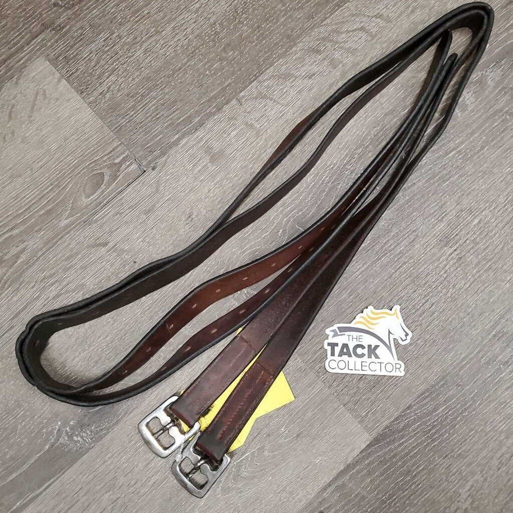 Pr Stirrup Leathers *fair/gc, clean, stains, v.rubbed, dented & creased, xholes, thin spots, bent, dry, stiff, older, uneven, Light CRACKING