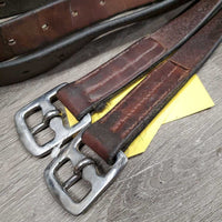 Pr Stirrup Leathers *fair/gc, clean, stains, v.rubbed, dented & creased, xholes, thin spots, bent, dry, stiff, older, uneven, Light CRACKING
