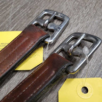 Pr Stirrup Leathers *fair/gc, clean, stains, v.rubbed, dented & creased, xholes, thin spots, bent, dry, stiff, older, uneven, Light CRACKING