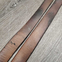 Pr Stirrup Leathers *fair/gc, clean, stains, v.rubbed, dented & creased, xholes, thin spots, bent, dry, stiff, older, uneven, Light CRACKING
