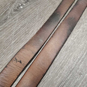 Pr Stirrup Leathers *fair/gc, clean, stains, v.rubbed, dented & creased, xholes, thin spots, bent, dry, stiff, older, uneven, Light CRACKING