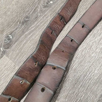 Pr Stirrup Leathers *fair/gc, clean, stains, v.rubbed, dented & creased, xholes, thin spots, bent, dry, stiff, older, uneven, Light CRACKING
