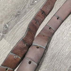 Pr Stirrup Leathers *fair/gc, clean, stains, v.rubbed, dented & creased, xholes, thin spots, bent, dry, stiff, older, uneven, Light CRACKING