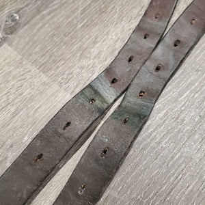 Pr Stirrup Leathers *fair/gc, clean, stains, v.rubbed, dented & creased, xholes, thin spots, bent, dry, stiff, older, uneven, Light CRACKING