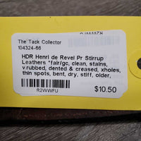 Pr Stirrup Leathers *fair/gc, clean, stains, v.rubbed, dented & creased, xholes, thin spots, bent, dry, stiff, older, uneven, Light CRACKING