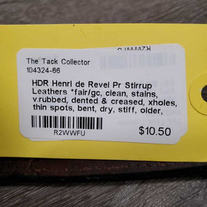 Pr Stirrup Leathers *fair/gc, clean, stains, v.rubbed, dented & creased, xholes, thin spots, bent, dry, stiff, older, uneven, Light CRACKING