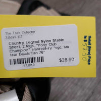 Nylon Stable Sheet, 2 legs, "Pony Club Champion" embroidery *vgc, sm tear
