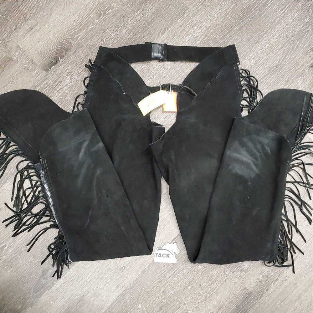 Hvy Suede Full Show Chaps, Fringe, Concho *xc/vgc, mnr dirt & rubs, folded & tapped waist