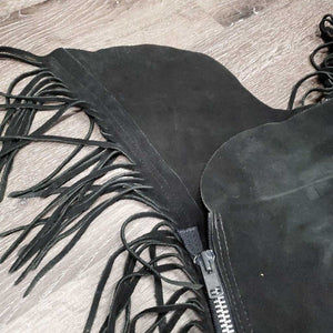 Hvy Suede Full Show Chaps, Fringe, Concho *xc/vgc, mnr dirt & rubs, folded & tapped waist