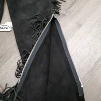 Hvy Suede Full Show Chaps, Fringe, Concho *xc/vgc, mnr dirt & rubs, folded & tapped waist
