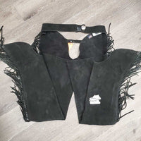 Hvy Suede Full Show Chaps, Fringe, Concho *xc/vgc, mnr dirt & rubs, folded & tapped waist

