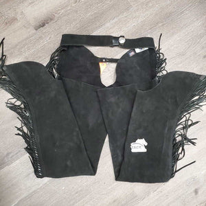 Hvy Suede Full Show Chaps, Fringe, Concho *xc/vgc, mnr dirt & rubs, folded & tapped waist
